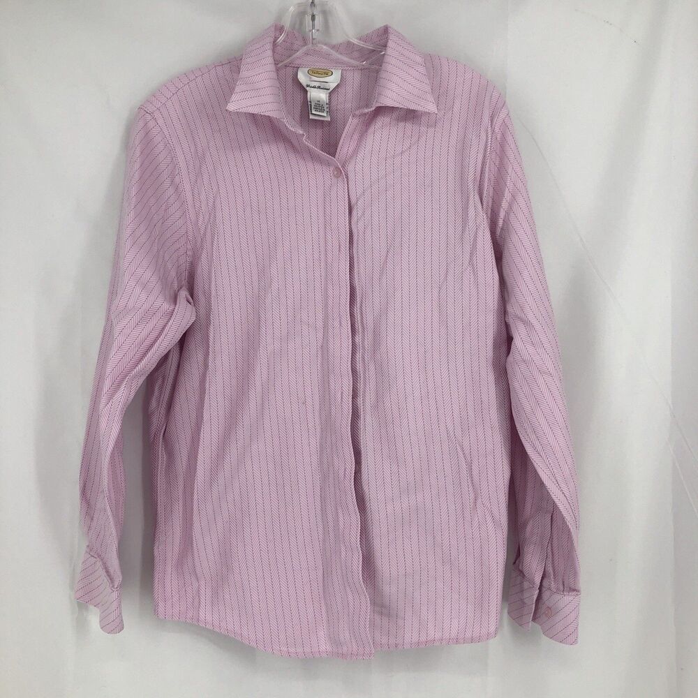 Talbots Size 12 Pink White Stripe Button Front Blouse Wrinkle Resistant Top